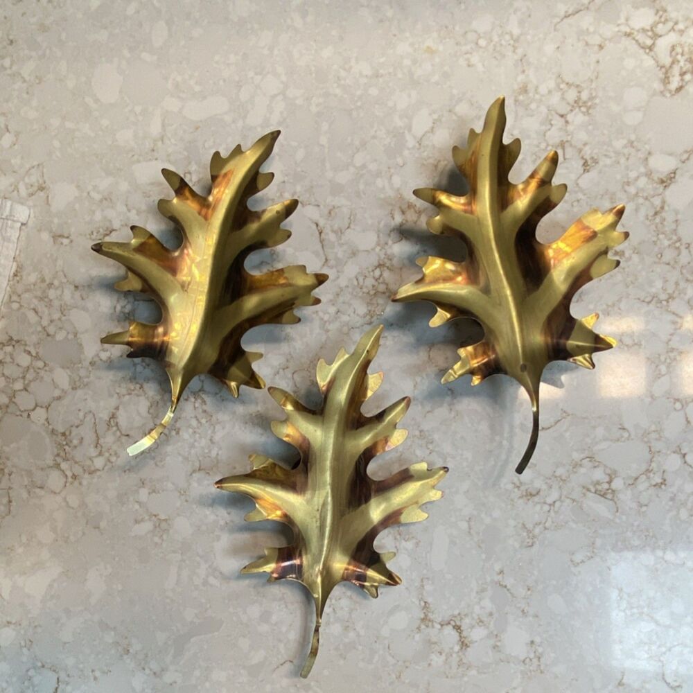 Vintage Homco Brass Oak Leaves Wall Decor Set of 3 Mid Century Modern
